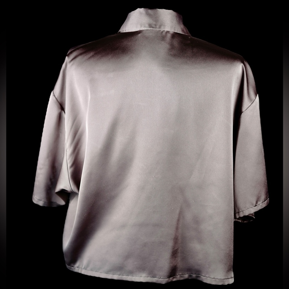 Abercrombie & Fitch Womens Gray Satin Button-Down Blouse Short Sleeve Size L - Picture 6 of 15